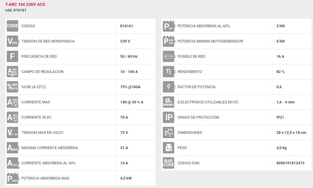 Soldadora de Arco T-ARC 160 230V ACX